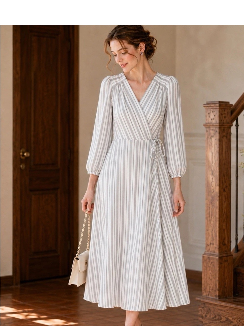 Calvin Klein White/Light Gray Striped Wrap Dress Size 8